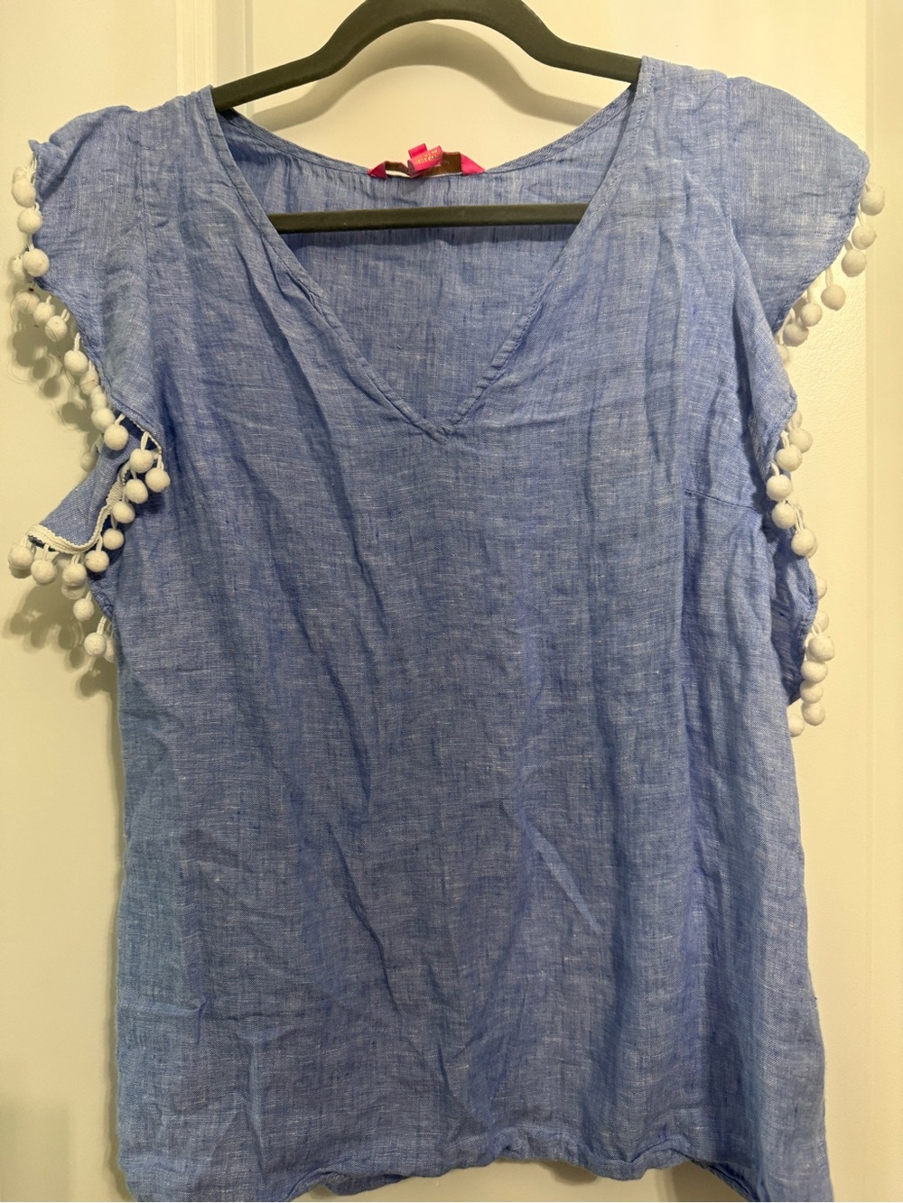 Lilly Pulitzer 100% Linen Blue Pom-Pom Sleeve V-Neck Women’s Top Size Small